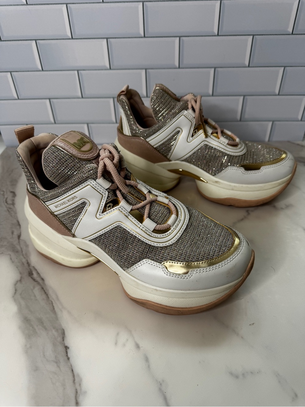 Michael Kors Olympia Glitter Mesh Sneakers Women’s 8.5M White Gold Pink Chunky - Picture 1 of 8